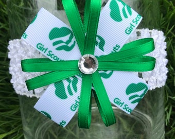 Girl Scouts Hair Bow or Headband green ribbon bow Girl Scout bow