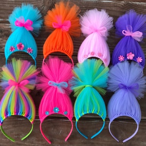 Trolls inspired Hair Headband Headband Poppy Troll Headband Wig Pink Tulle Headband rainbow Troll Hair Troll Wig troll party favors