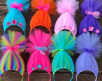 Trolls inspired Hair Headband Headband Poppy Troll Headband Wig Pink Tulle Headband rainbow Troll Hair Troll Wig troll party favors