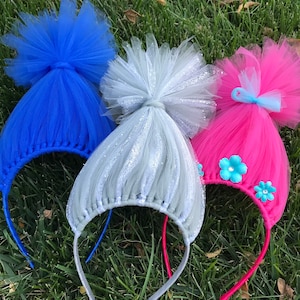 Trolls inspired Hair Headband Headband Poppy Troll Headband Wig Pink Tulle Headband rainbow Troll Hair Troll Wig troll party favors image 2