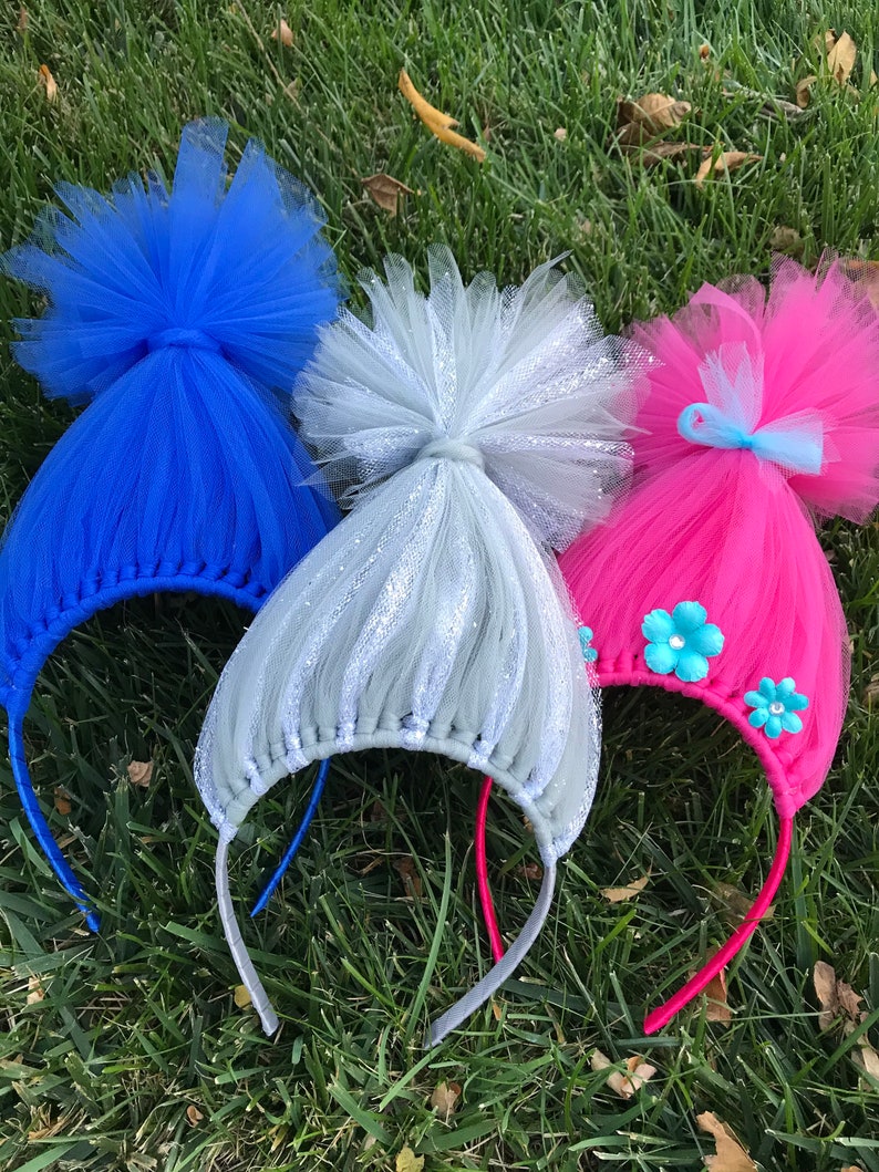 Trolls inspired Hair Headband Headband Poppy Troll Headband Wig Pink Tulle Headband rainbow Troll Hair Troll Wig troll party favors image 2