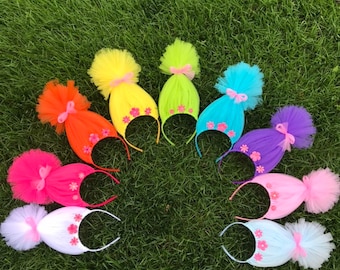 Trolls inspired Hair Headband Headband Poppy Troll Headband Wig Pink Tulle Headband rainbow Troll Hair Troll Wig troll party favors