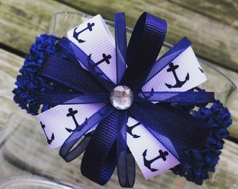 Navy Anchor Hair Bow or Headband