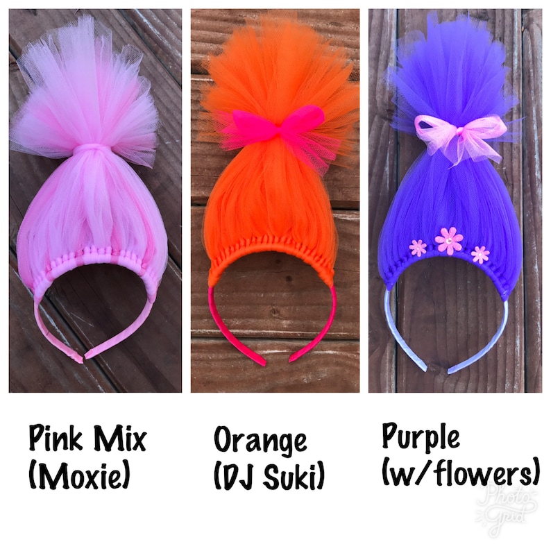 Trolls inspired Hair Headband Headband Poppy Troll Headband Wig Pink Tulle Headband rainbow Troll Hair Troll Wig troll party favors image 5