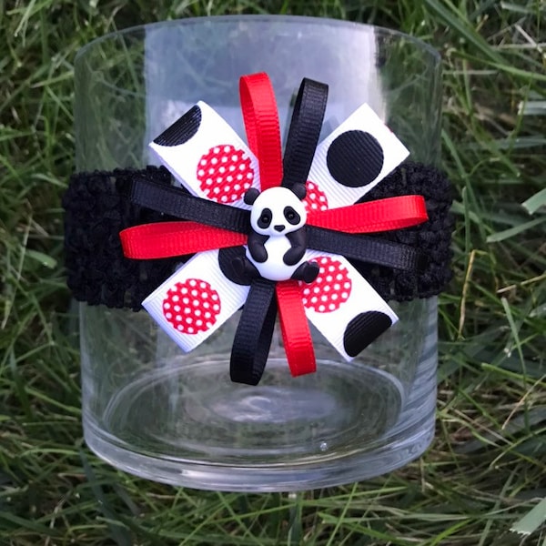 Panda Hair Bow Headband Pandas Baby Bow red and black panda headband