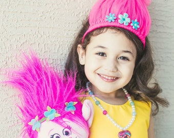 Trolls Headband Poppy Headband Poppy Troll Hair Princess Poppy Troll Hair Headband Pink Tulle Headband Flower Headband Princess Poppy