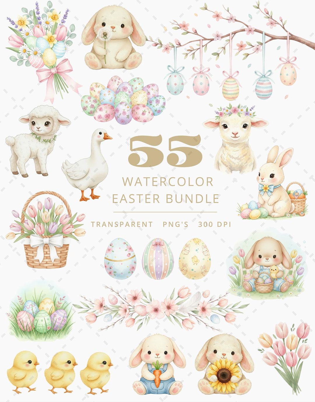 Easter Clipart PNG Bundle | Watercolor Easter Bunny Eggs | Spring ...