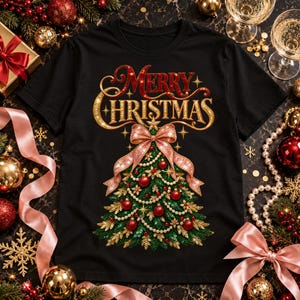 Könnte beinhalten: Ein schwarzes Kurzarm-T-Shirt mit einer Grafik eines grünen Weihnachtsbaums, der mit roten Kugeln, goldenen Blättern und Perlenketten geschmückt ist und von einer großen rosa Schleife gekrönt wird. Der Text Merry Christmas ist in Gold- und Rotglitter gedruckt.