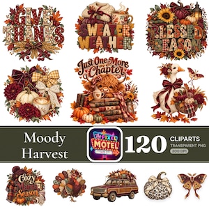 Könnte beinhalten: Eine Sammlung digitaler Cliparts mit herbstlichen Motiven wie Kürbissen, Sonnenblumen, einem Hochlandrind, einer Gans, einem Truthahn, einem Kombi und Schriftzügen wie Give Thanks, Sweater Weather und Blessed Season.