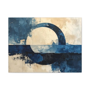May include: Abstract canvas art featuring a large white circle intersected by a dark blue semi-circle and a horizontal band. The background has a textured, off-white and dark blue color palette, creating a modern aesthetic.