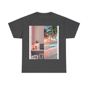 Split-screen workspace and tropical beac Unisex Tshirt