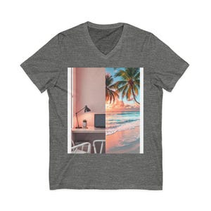Split-screen workspace and tropical beac Poster