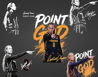 May include: A graphic design featuring five depictions of a basketball player wearing an Indiana jersey with the number 8. The text POINT GOD is displayed in white and orange brush-stroke lettering, accompanied by a signature in white and yellow ink.