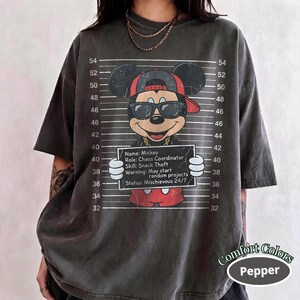 Op de afbeelding: Een antracietgrijs t-shirt met een afbeelding van een cartoonmuis met een rode pet en zonnebril voor een hoogtemeter. De muis houdt een bordje vast met de tekst Name: Mickey, Role: Chaos Coordinator, Skill: Snack Theft, Warning: May start random projects, Status: Mischievous 24/7.