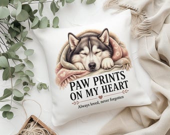Paw Prints On My Heart Pillow, Pet Memorial Gift, Sleeping Husky Dog Remembrance Cushion, Always Loved Never Forgotten Pet Lover Home Decor