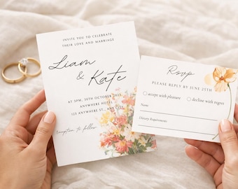 Bewerkbare set elegante bloemenhuwelijksuitnodigingen met een modern ontwerp met zachte botanische details.