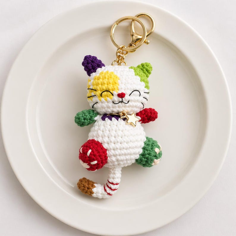 Pode incluir: Um chaveiro de gato de croch&ecirc; feito &agrave; m&atilde;o com um fecho dourado. O gato tem um corpo branco com detalhes coloridos em amarelo, verde, roxo e vermelho. Um pingente de estrela dourada pende do pesco&ccedil;o. O gato est&aacute; em um prato branco.
