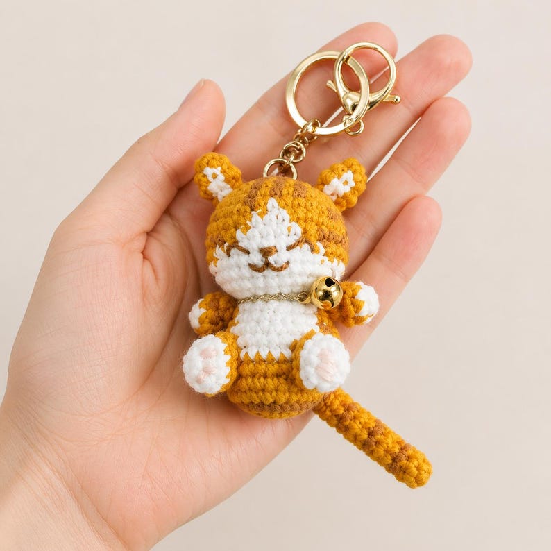 Pode incluir: Um chaveiro de gato de croch&ecirc; feito &agrave; m&atilde;o, em tons de laranja, branco e castanho. O gato tem uma coleira com sino dourado e um anel de chaveiro dourado. O gato tem um rosto sorridente e orelhas pequenas e pontudas. O chaveiro &eacute; um pequeno item feito &agrave; m&atilde;o.