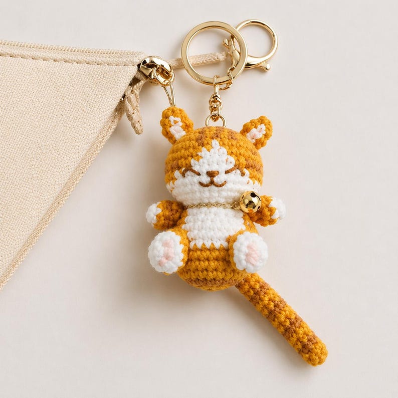 Pode incluir: Um chaveiro de gato de croch&ecirc; em laranja, branco e marrom com uma coleira de sino dourada. O gato tem um rosto sorridente e est&aacute; preso a um chaveiro dourado. Uma bolsa bege com z&iacute;per dourado &eacute; parcialmente vis&iacute;vel.