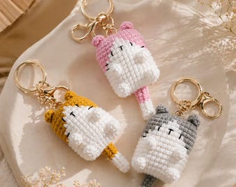 Chaveiro de Gato de Crochê – Chaveiro de Gato Amigurumi, Chaveiro de Pelúcia Fofo, Pingente de Bolsa de Gato Kawaii, Chaveiro de Fio Artesanal, Multicolorido