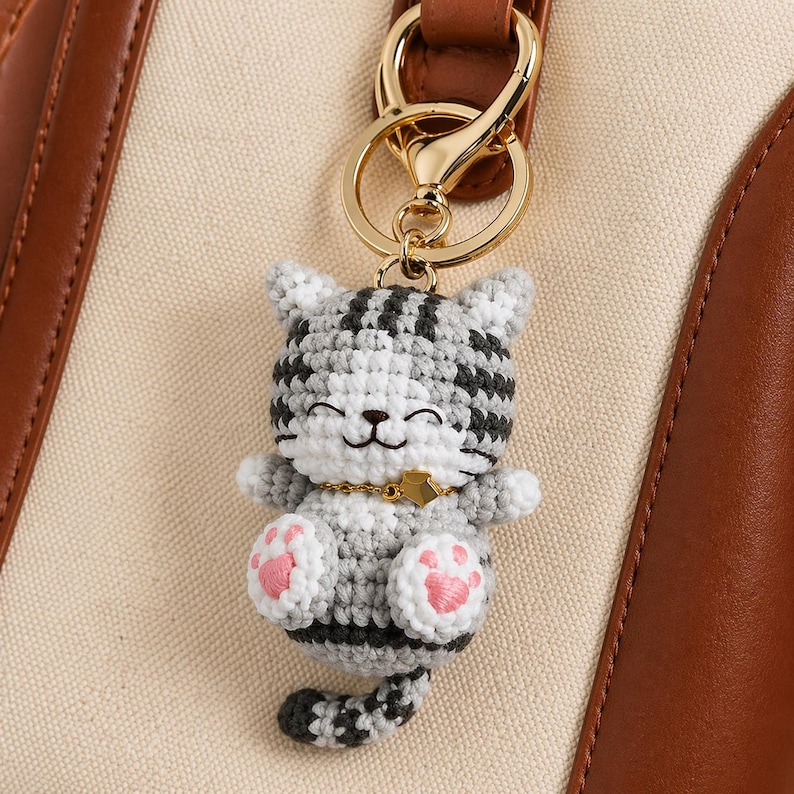 Pode incluir: Um chaveiro de gato de croch&ecirc; em cinza, branco e preto com almofadas de pata rosa. O gato tem um colar de estrela dourada e &eacute; preso a um fecho de metal dourado. O fundo &eacute; uma tela bege e couro marrom.