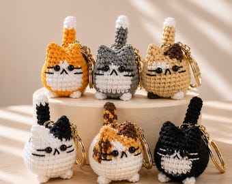 Chaveiro de Gato de Crochê – Chaveiro de Gato Amigurumi, Pingente de Gato de Pelúcia Fofo, Mini Gato de Crochê, Chaveiro de Animal Kawaii, Estilo Artesanal