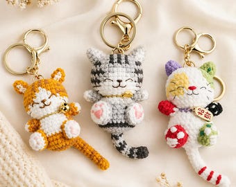 Chaveiro de Gato de Crochê – Chaveiro de Gato Amigurumi Feito à Mão, Chaveiro de Pelúcia Fofo, Pingente Kawaii para Bolsa, Mini Chaveiro de Animal de Crochê