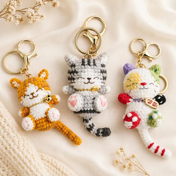 Crochet Cat Keychain – Handmade Amigurumi Cat Keyring, Cute Plush Keychain, Kawaii Bag Charm, Mini Crochet Animal Keychain