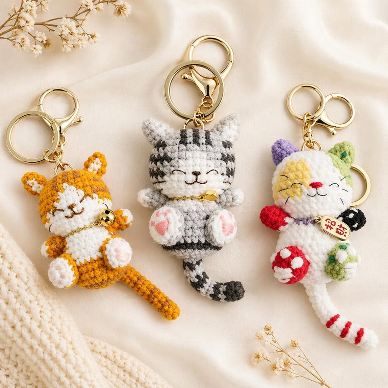 Pode incluir: Tr&ecirc;s chaveiros de gato de croch&ecirc; feitos &agrave; m&atilde;o em laranja, cinza e branco com argolas douradas. O gato laranja tem uma coleira com sino dourado, o gato cinza tem almofadas de pata rosa e o gato branco tem um design colorido e um pingente.