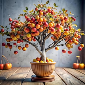 Könnte beinhalten: Ein kleiner Apfelbaum in einem Holztopf, beladen mit roten und gelben Früchten. Die Äste des Baumes sind mit grünen und gelben Blättern gefüllt. Der Topf steht auf einem Holzsockel, vor einem grauen Hintergrund.