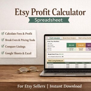以下が含まれることがあります： Etsyの利益計算スプレッドシートを表示するラップトップ。料金と利益の計算などの機能をリストしたメモ帳があります。画像にはテキスト「For Etsy Sellers | Instant Download」が含まれています。