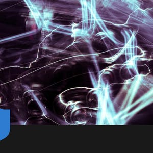 May include: Abstract digital artwork featuring swirling light trails in purple and teal against a dark backdrop. A blue shield shape is at the bottom left. The image suggests energy and movement.