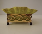 Vintage Miramar of Calfornia Chartreuse Ruffle Pottery, 252, With Rectangular Metal Stand, Planter, Candy Dish, Circa 1950 39 s