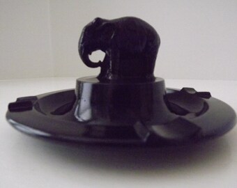 Vintage L.E. Smith/Greenburg Black Glass, Elephant Ashtray, Trinket Dish, Art Deco Design, Circa 1920-1930's