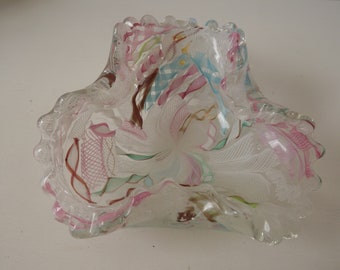 Murano Art Glass, AVeM  Italian Glass Company, Scrambled Latticiano/Zanfirico Aventurine, Candy Dish, Ash Tray, Ruffle Border, Circa 1960's
