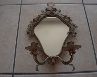 Vintage Italian Tole Floral Sconce Wall Mirror, Two Candle Holders, Muted Gold Accents with Pastel Colors, Chippy Perfection, Circa 1940's