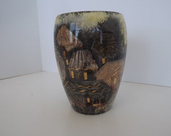 Sacha Brastoff, MCM Designer, Mid-Century Signed Vase, Village Roof Tops, Pristine Condition, Circa 1950's