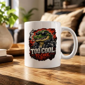 May include: A white ceramic mug featuring a graphic illustration of a green crocodile wearing black sunglasses and a leather jacket, smoking a cigarette. Below the crocodile, the text reads "TOO COOL TO CARE" in a bold, distressed white font.