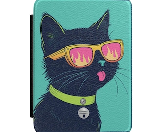 Neon Cat Sunglasses Kindle Case | Protective PU Leather Cover (Paperwhite 7")