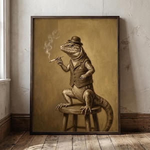 lizard smoking a cigarette Man Case Business Card ID Holder Wallet Anthropomorphic Animal Pop Art Whimsical Professor Gaze into her crystal ball...and