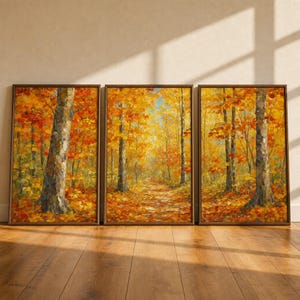 Triptyk av oljemålning i höstskog, väggkonst med lönnträd och lövverk i Quebec