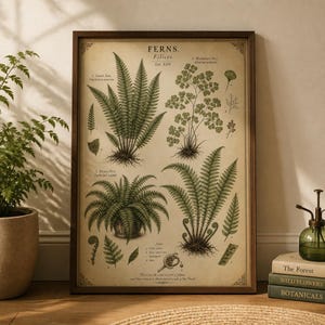Może przedstawiać: Oprawiona rycina botaniczna zatytułowana FERNS Filices Tab. XXIV przedstawiająca szczegółowe ilustracje różnych gatunków paproci w odcieniach zieleni na kremowym tle z naukowymi etykietami i tekstem w czarnym kolorze.