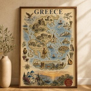 Może przedstawiać: Oprawiony wydruk ścienny przedstawiający ilustrowaną mapę Grecji z napisem GREECE u góry. Mapa ukazuje różne zabytki, postacie mitologiczne, zwierzęta i statki na wyspach oraz lądzie, a u dołu znajduje się scena przedstawiająca wybrzeże.