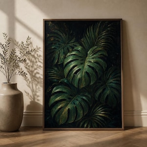 May include: A rectangular wall art print featuring a dark, moody composition of overlapping monstera and palm leaves in deep shades of forest green, emerald, and black, encased in a thin, dark brown wooden frame.