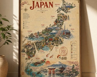 Detailed Japan Map Wall Art, Vintage Japanese Travel Poster, Mount Fuji Print, Sakura Decor, Gift for Japan Lover