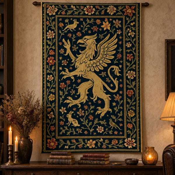 Griffin Tapestry Wall Hanging | Woven Medieval Heraldic Wall Art, Mythical Castlecore Decor