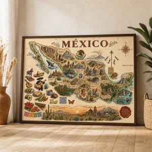 May include: A rectangular wall art print featuring a detailed, vintage-style illustrated map of Mexico. The map displays various regional landmarks, cultural icons, wildlife, and food items across the country, with the word MÉXICO at the top.