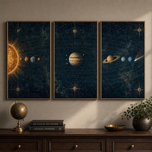 Puede incluir: Un conjunto de arte mural en tríptico que presenta un mapa celeste azul oscuro con cartas estelares doradas y líneas orbitales. El panel izquierdo muestra el sol y los planetas interiores, el central muestra a Júpiter y el derecho a Saturno, Urano, Neptuno y un cometa.