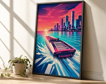 Plakat z Miami Speedboat Retrowave, Skyline z lat 80., Dekoracja Synthwave