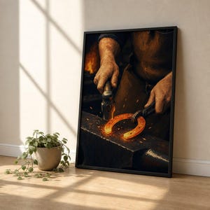 May include: A framed wall art print depicting a blacksmith at work. The image shows hands using a hammer and tongs to shape a glowing, hot orange horseshoe on a dark metal anvil, with sparks flying in a dimly lit workshop environment.